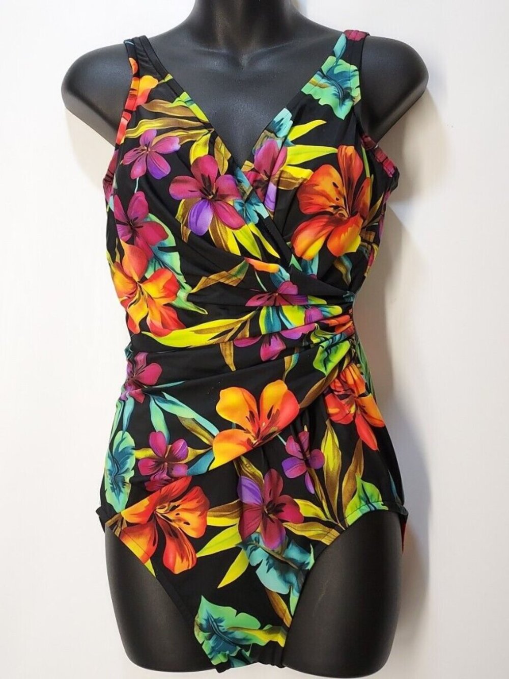 TRIMSHAPER Womens Size 12 BLACK TROPICAL One Piece Swimsuit Wrap Front